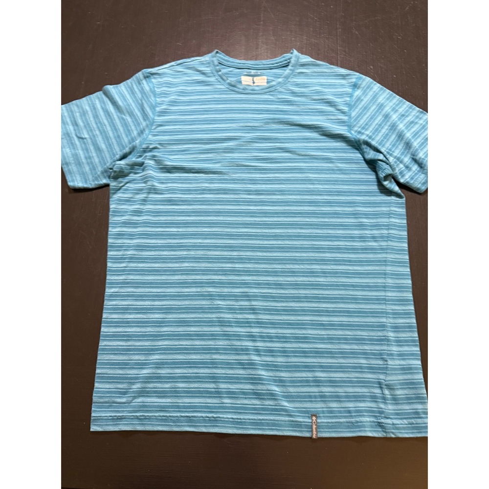Columbia Mens Medium Blue Teal Striped Short Sleeve Crewneck T-Shirt Outdoor Tee